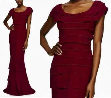 버건디 프릴 롱 드레스