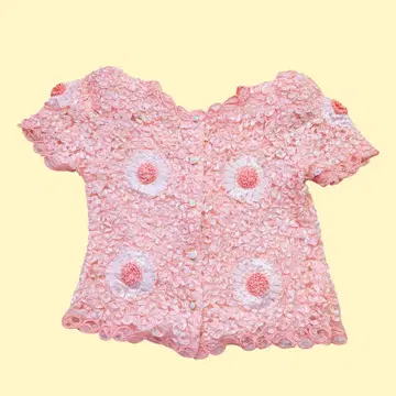 구제 플라워 반팔 가디건 vintage 포멀 살몬 핑크