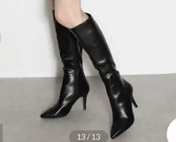 RANDA 블랙 가죽 롱 부츠 스틸레토