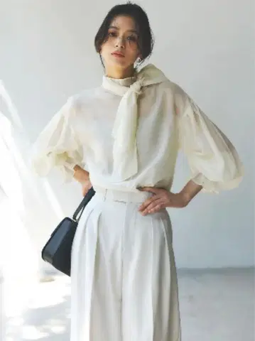 nuans 아뉴앙스 하이넥 시어 보타이 블라우스