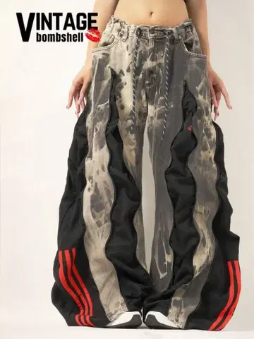 아디다스 리메이크 4지퍼 데님 타이다이 패턴 와이드 데님 L 101187