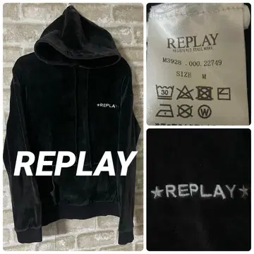 REPLAY 남성용 M 벨로아 후드티 리플레이 자수 원 포인트 벨벳