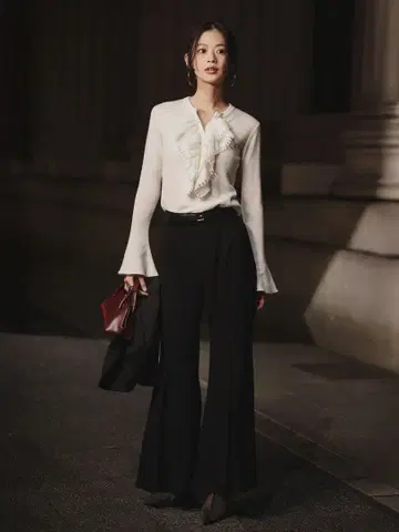 anuans 트리아세 백 새틴 플레어 팬츠