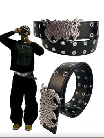 스터드 메탈 로고 버클 블랙 벨트