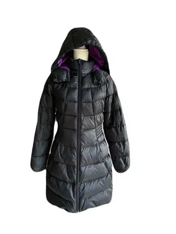 PUMA 블랙 다운 코트 무릎 위 기장 후드 부착