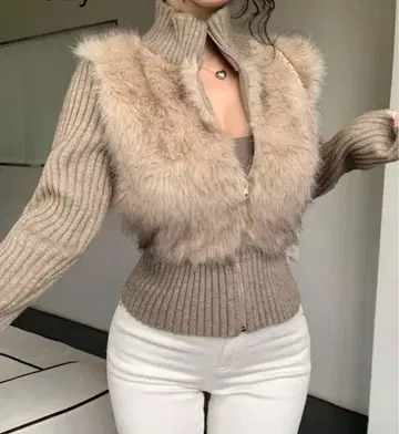 퍼 포함 리브 니트 긴팔 스웨터/베이지/하이넥