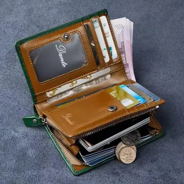 가죽 3단 폴더형 지갑 그린/브라운
