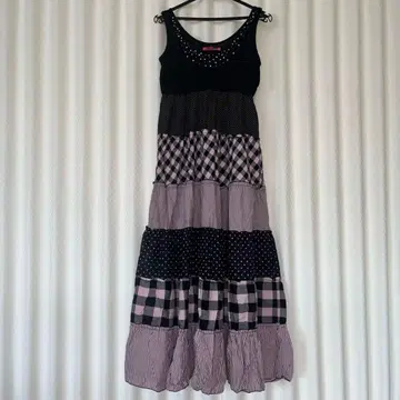 블랙 핑크 도트 체크 롱 원피스