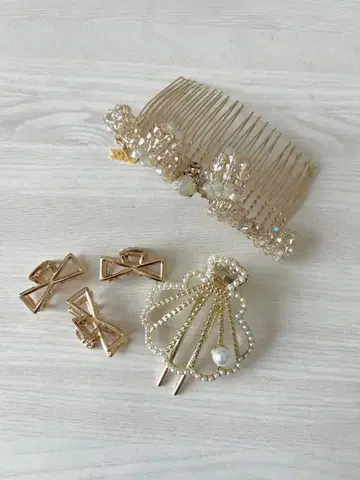 컴플렉스 비즈 리본 헤어콤과 클립 세트