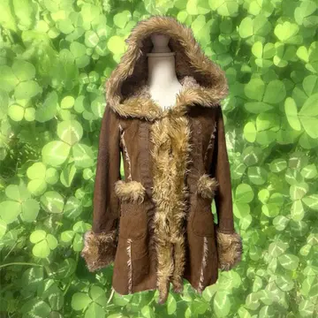 모리걸 페어리 그런지 브라운 후드 부착 퍼 부착 자수 무스탕 코트