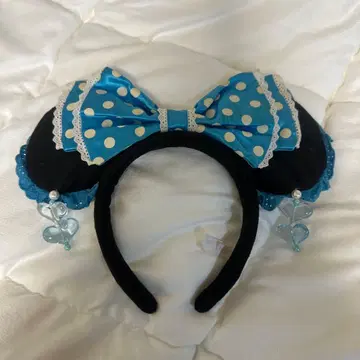 디즈니 미니 머리띠 리본 & 귀찌 스카이블루 도트