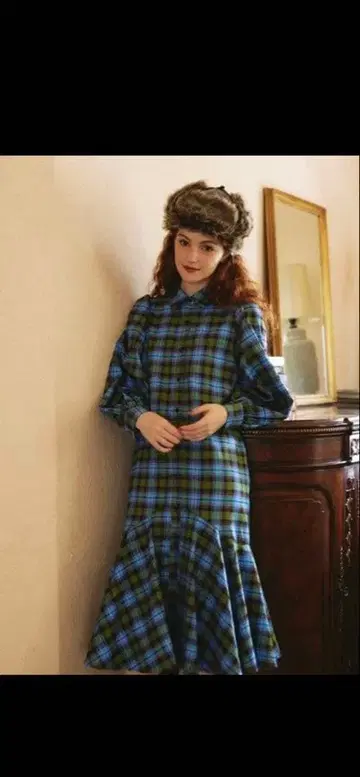 idem A라인 체크 원피스 파랑 체크