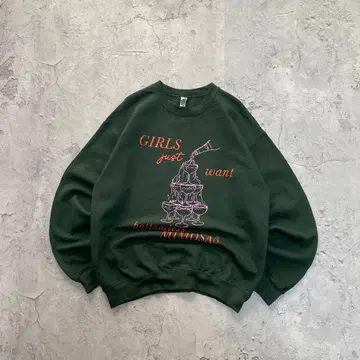 USA 구제 의류 샴페인 타워 술 프린트 맨투맨 아트 그린