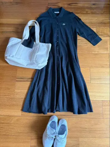 LACOSTE 라코스테 폴로 원피스 플레어 라인 7부 소매 다크 그레이