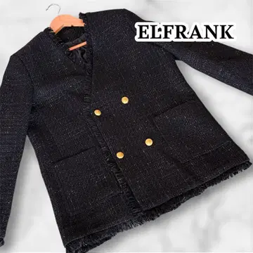 엘프랭크 EL FRANK 트위드 프린지 노카라 자켓 블랙