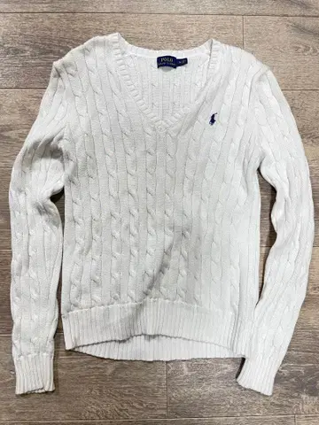 폴로 랄프로렌 케이블 니트 화이트 V넥 니트 스웨터