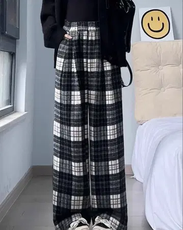 me Jane 기모 마드라스 체크 와이드 실루엣 팬츠