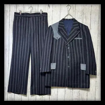 [ 빈티지 수트 셋업 ] 스웨이드 절개 스트라이프 네이비 M