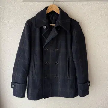 울 피 코트 다크 네이비 체크 무늬