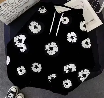 데님 디어 블랙 꽃무늬 후드 부착 후드티