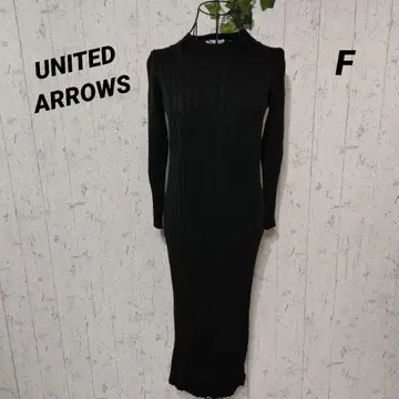 [ UNITED ARROWS ] 블랙 리브 니트 롱 원피스 쿨넥