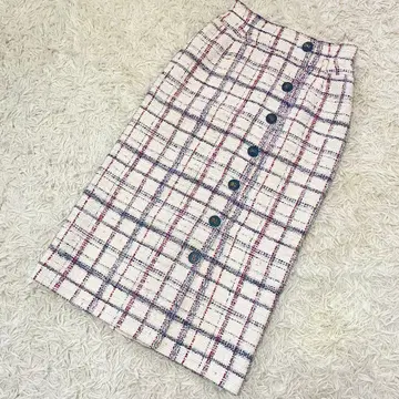 eimyistoir 트위드 체크 무늬 롱 타이트 스커트 화이트 M