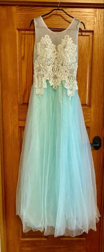 [ 새상품급 ] 연주회 드레스 자수 레이스 오간자 연한 에메랄드 그린 S