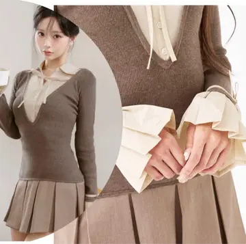 다리치 셔츠 도킹 플리츠 미니 원피스 모카 FREE