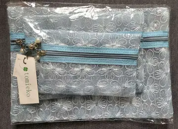 [ 미사용 ] tomieko 꽃무늬 자수 파우치 세트 스카이블루
