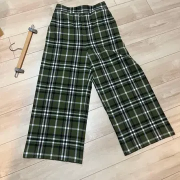 MACPHEE 체크 무늬 와이드 팬츠 올리브 그린 울