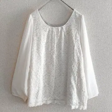 s0695 [애니시스] 긴팔 레이스 티셔츠 소매 쉬폰 절개 보더 무늬
