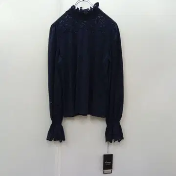 [ebony] 긴팔 티셔츠 레이스 꽃무늬 프릴 네이비 엘레강트