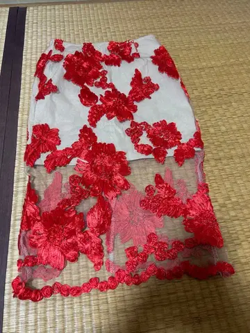 빨간색 자수 시스루 스커트