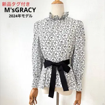 새상품 M'sGRACY 2024년제 올 패턴 블라우스 프릴 칼라 펄 리본