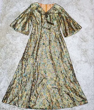 Ro-uel 롱 원피스 드레스 총 라메 플레어 멀티 컬러 리본