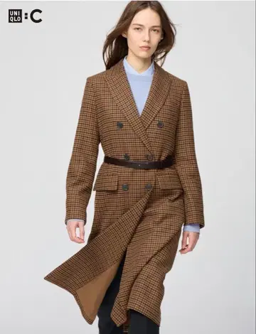 새상품 유니클로 브라운 체크 더블 브레스트 롱 코트