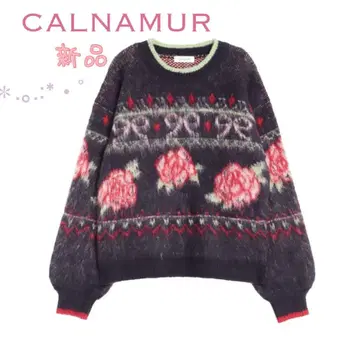 새상품*CALNAMUR 칼나뮈르 로즈&리본 자카드 니트 네이비