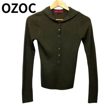 오조크 후드 부착 리브 니트 긴팔 올리브 그린 아크릴 100% 앞 버튼