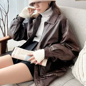 JaVa 자바 콜라보 페이크 가죽 오버 사이즈 블루종