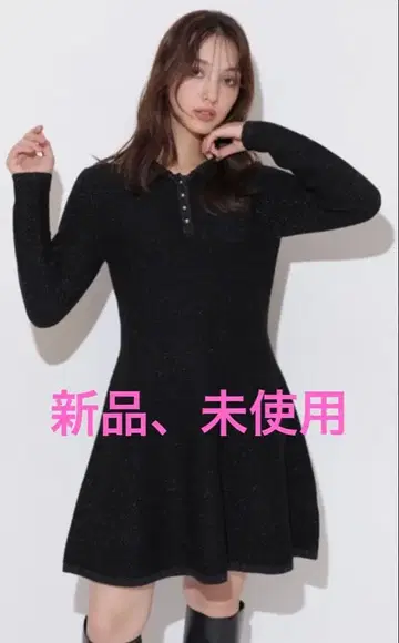 리랜드트루 폴로 칼라 라메 니트 미니 원피스