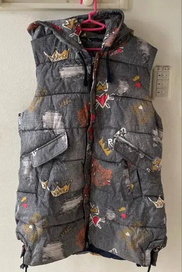 미사용 데님 프린트 충전솜 롱 베스트 후드티 베스트