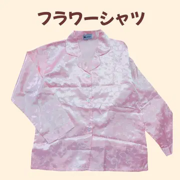 구제 플라워 새틴 셔츠 올 패턴 M 핑크 귀여운 파자마