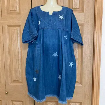 J.brauche 데님 블루 별 패턴 자수 튜닉 반팔