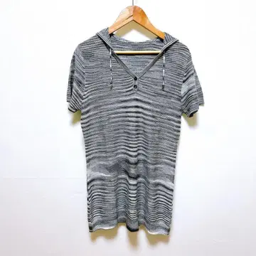 보더 V넥 풀오버 반팔 니트 후드티 L 사이즈 그레이