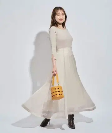 Mystrada 베이지 니트 쉬폰 롱 원피스