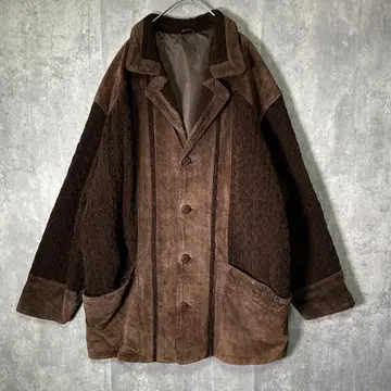 니트 가죽 절개 코트 브라운 스웨이드 체스터 빈티지