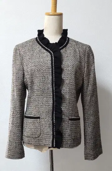 도쿄 스타일 노카라 프릴 자켓 트위드