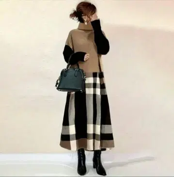 긴팔 체크 무늬 A라인 절개 심플 캐주얼 원피스 L