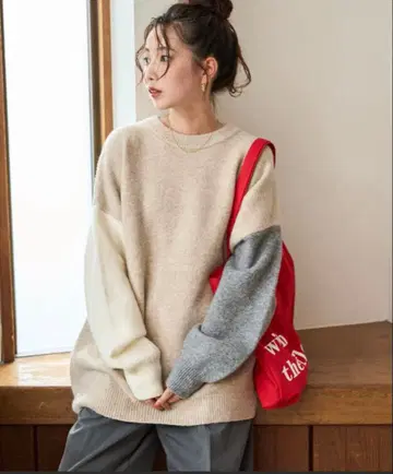 프릭스스토어 소매 클레이지 오버 니트 풀오버 베이지