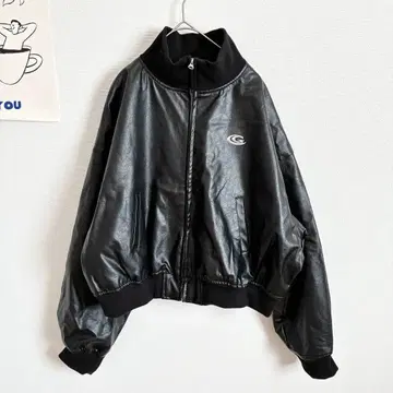 잉그 인조 가죽 트랙 자켓 메탈 로고 오버 사이즈 리브 옷깃